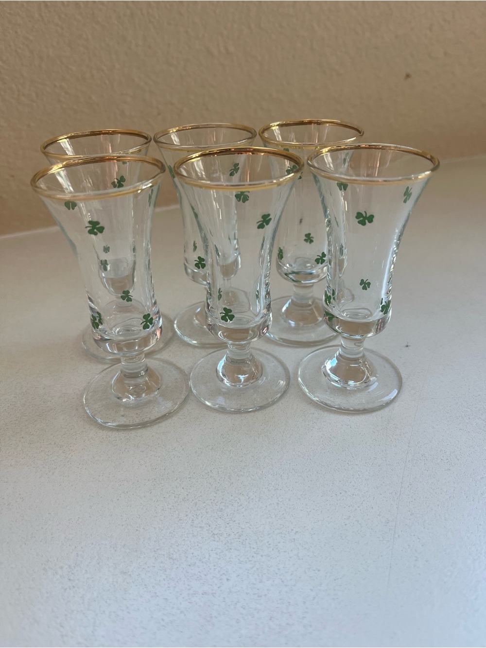 Set of 6 Gold-Rimmed Vintage Shot Glass Cordial with Green Shamrock Clover